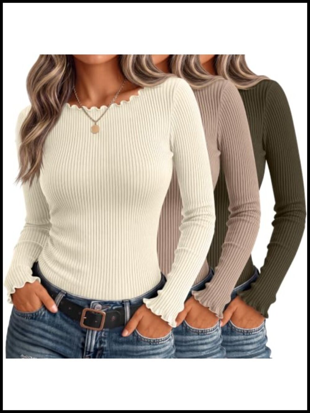 Ribbed Long Sleeve Crew Neck Lettuce Trim Basic Tops 3 Pack